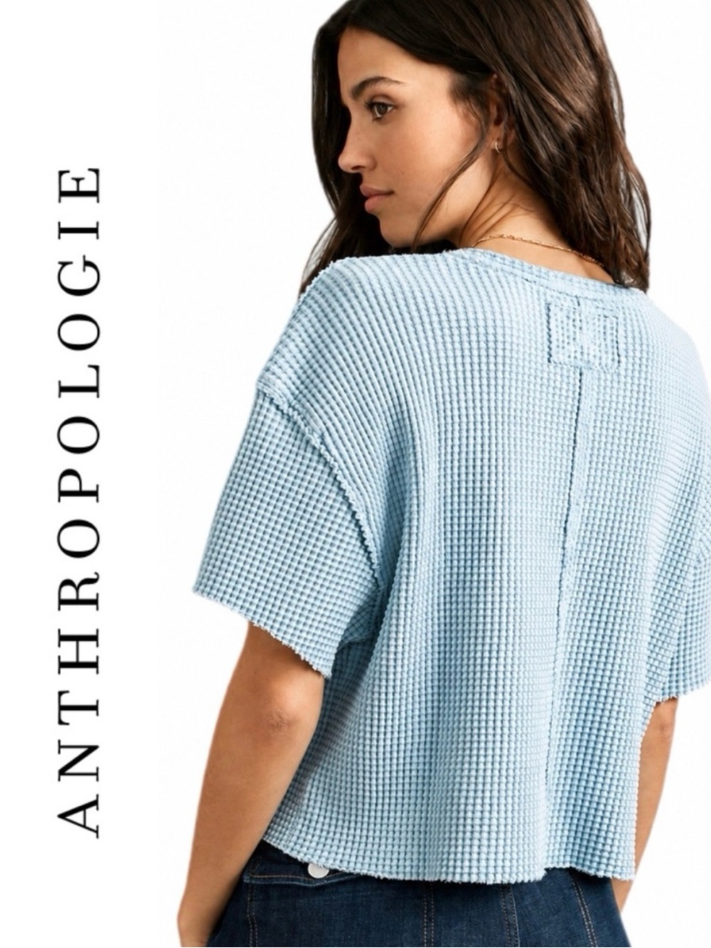 Anthropologie Soft Light Blue Waffle-Knit Short Sleeve Top